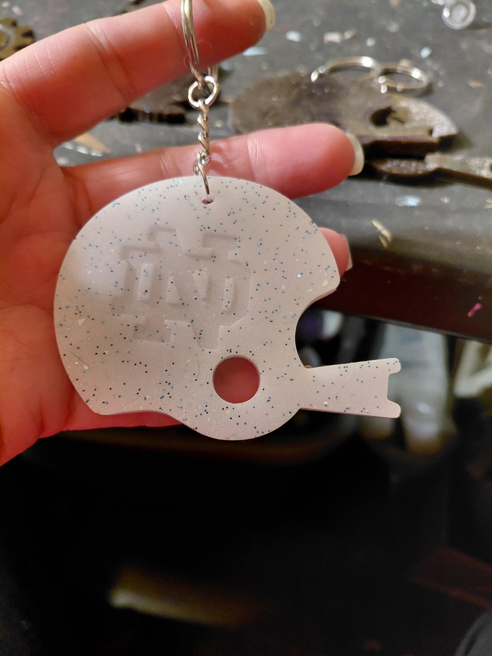 Sparkle White Football Helmet Keychain Card Holder